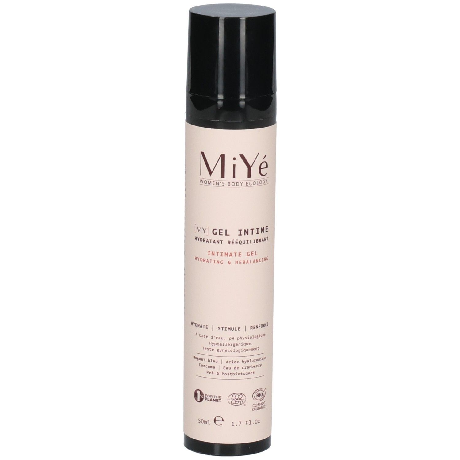 MiYé Gel Intime flacon pompe, face avant. Contient labels Bio et Ecocert.