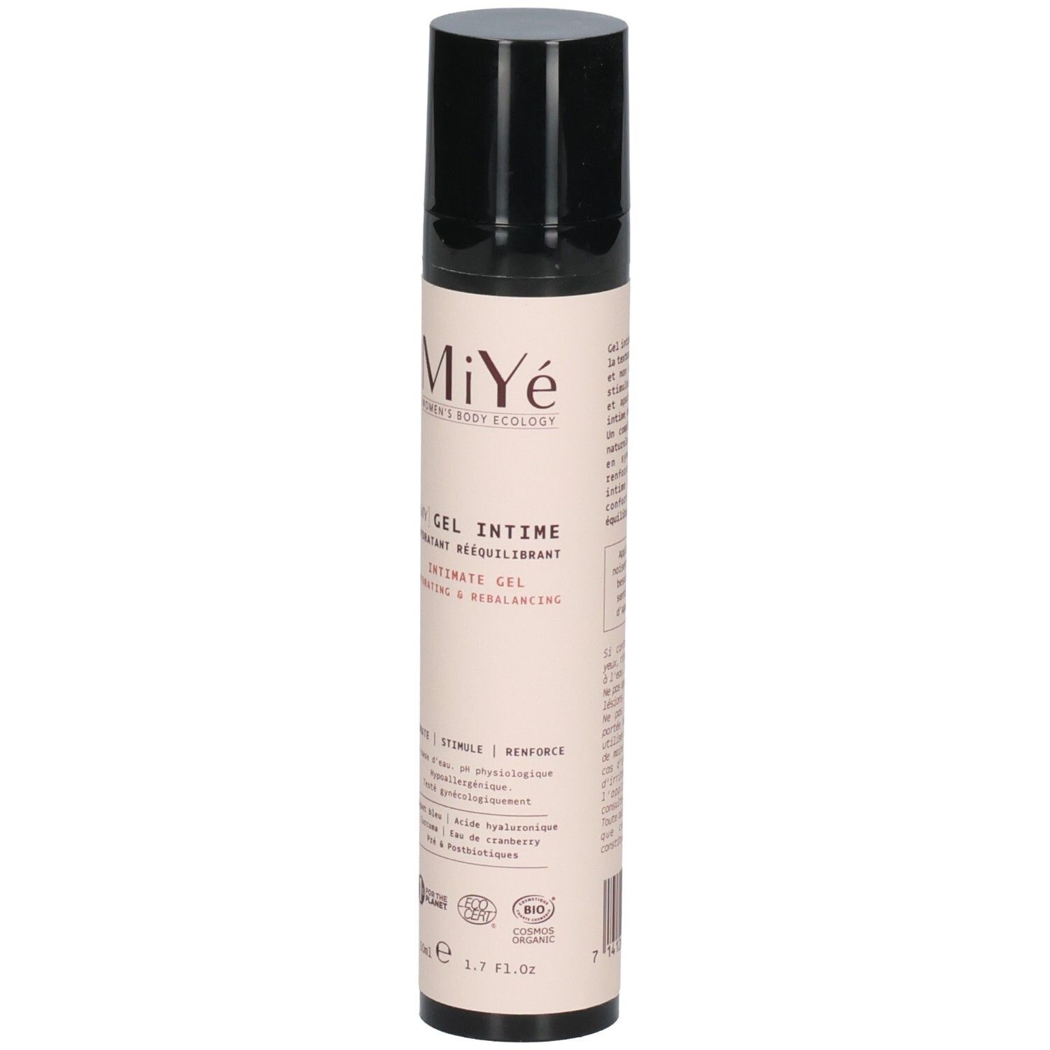 MiYé Gel Intime flacon pompe, face avant. Hydratant, rééquilibrant, avec label Bio.