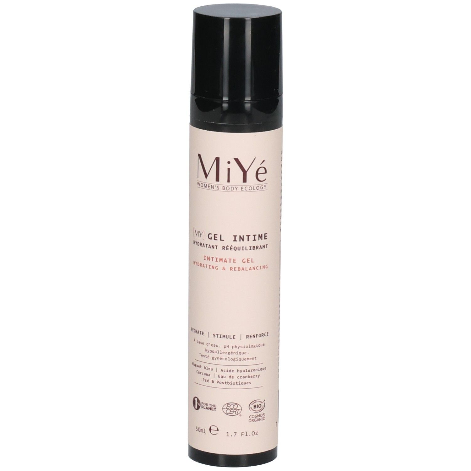 MiYé Gel Intime flacon pompe, face avant. Hydratant, rééquilibrant, avec label Bio.