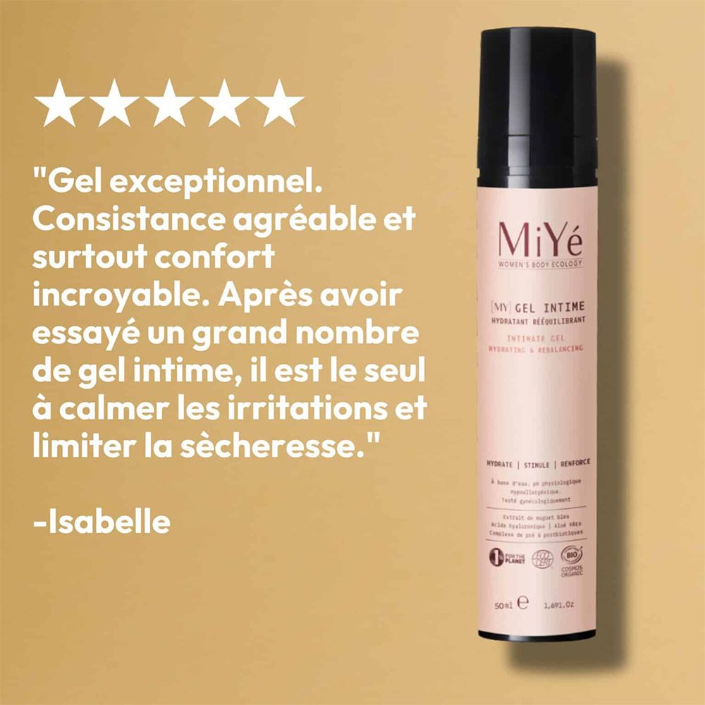 Flacon MiYé Gel Intime à côté d'un avis client 5 étoiles.