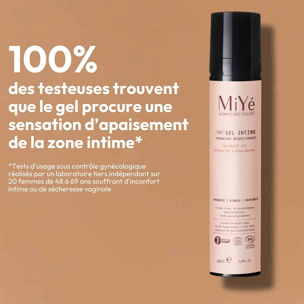Flacon MiYé Gel Intime à côté de l'affirmation: 100% des testeuses trouvent le gel apaisant.