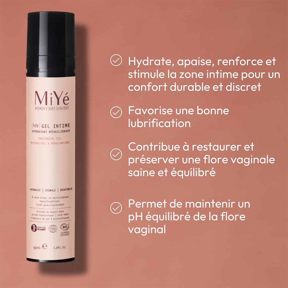 Flacon MiYé Gel Intime avec liste des bienfaits: hydrate, apaise, renforce, lubrifie, équilibre le pH.