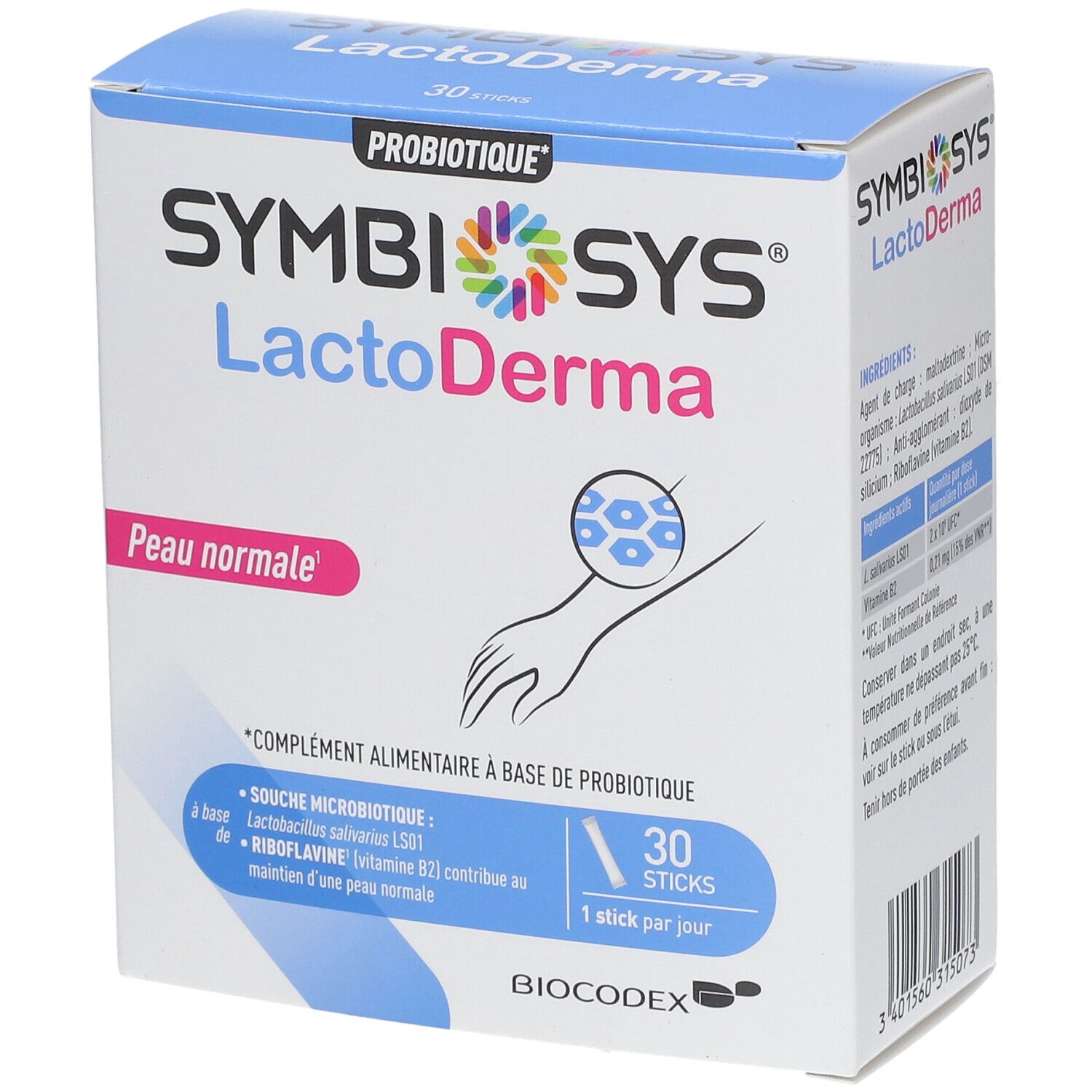 Boîte SYMBIOSYS LactoDerma, 30 sticks. Inscription: Peau normale. Logo Biocodex. Contient des informations sur les ingrédients et l'utilisation.