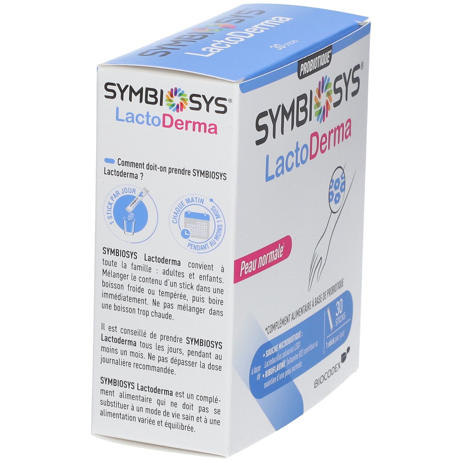 Boîte SYMBIOSYS LactoDerma, 30 sticks. Inscription: Peau normale. Contient des informations sur l'utilisation et le contenu.