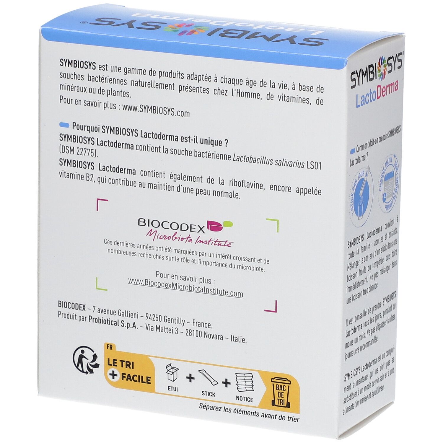 Dos de l'emballage SYMBIOSYS LactoDerma. Contient des informations sur le produit, les ingrédients et le recyclage.