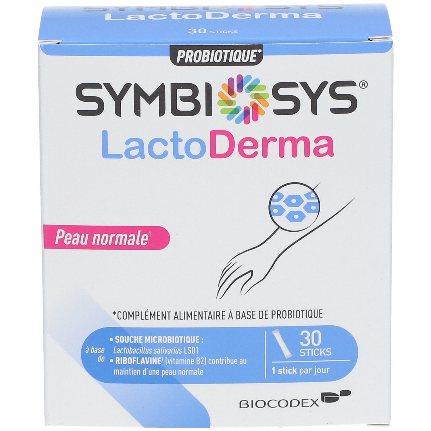 Boîte SYMBIOSYS LactoDerma, 30 sticks. Inscription: Peau normale. Logo Biocodex. Contient des informations sur les ingrédients et l'utilisation.
