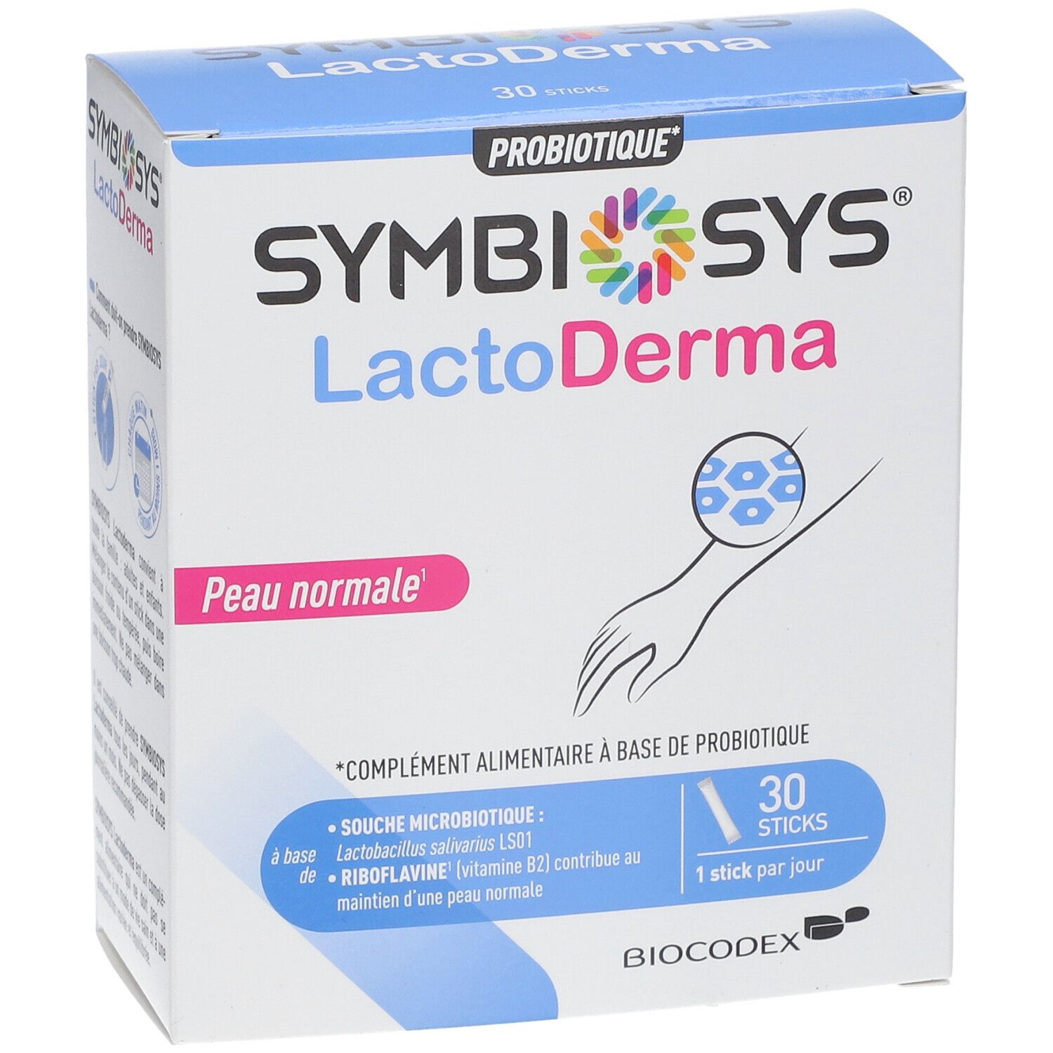 Boîte SYMBIOSYS LactoDerma, 30 sticks. Inscription: Peau normale. Logo Biocodex. Contient des informations sur les ingrédients et l'utilisation.