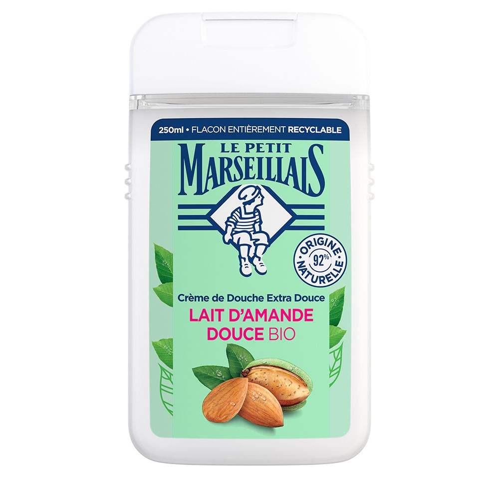 Flacon de gel douche Le Petit Marseillais. Inscription: Crème de Douche Extra Douce Lait d'Amande Douce Bio. 250ml.