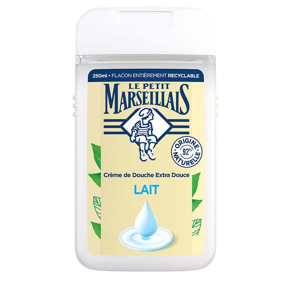 Flacon de gel douche Le Petit Marseillais. Bouchon blanc, contenant crème. Logo et nom du produit. 250ml.