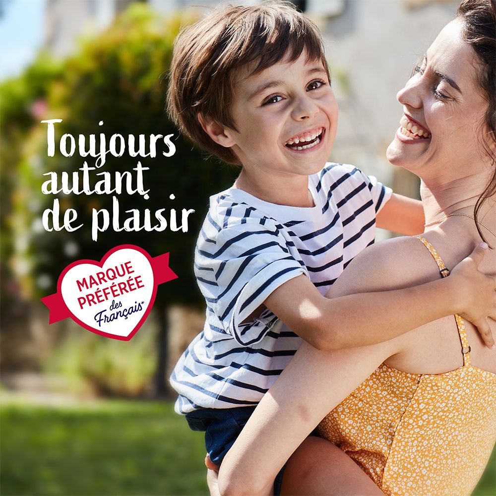 Enfant et femme rient. Texte: Toujours autant de plaisir. Logo en forme de cœur: Marque des Français.