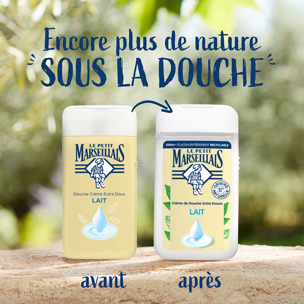 Deux flacons de gel douche Le Petit Marseillais. Comparaison avant/après. Texte: Encore plus de nature sous la douche.