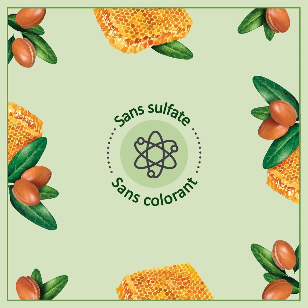 Logo rond avec texte : Sans sulfate, sans colorant. Illustrations de nids d'abeilles, d'argan et de feuilles.