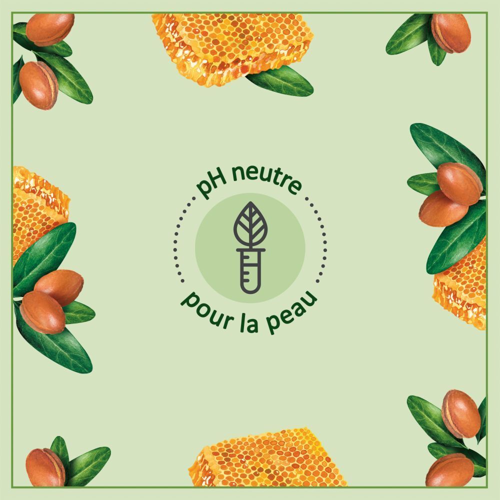 Logo rond avec texte : pH neutre pour la peau. Illustrations de nids d'abeilles, d'argan et de feuilles.
