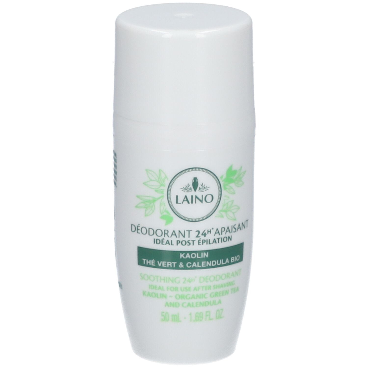 Déodorant roll-on blanc avec détails verts. Inscriptions: LAINO, Déodorant 24H Apaisant, Kaolin, Thé vert & Calendula BIO.