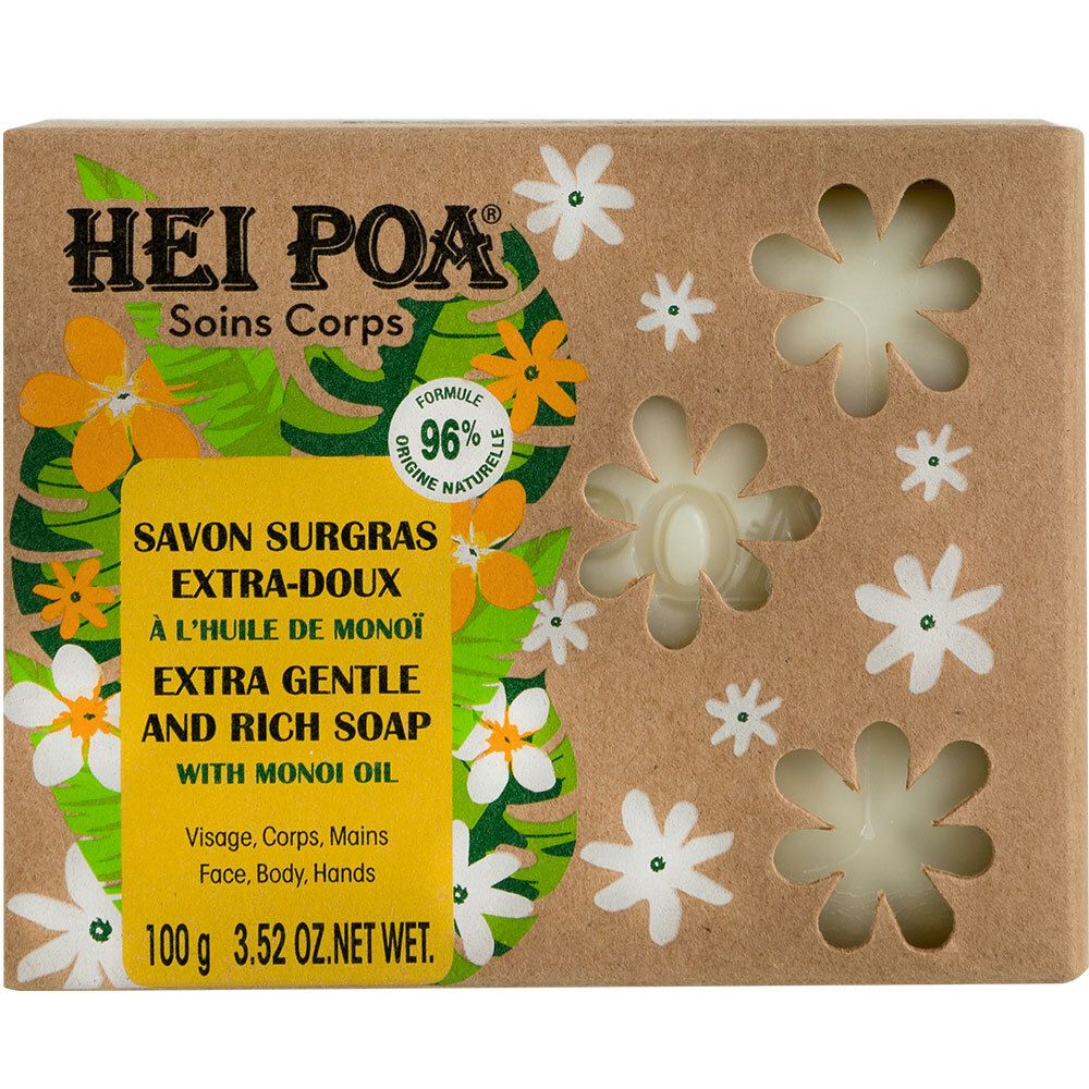 Emballage en carton avec logo HEI POA et savon. Texte: Savon Surgras Extra-Doux à l'Huile de Monoï. 96% Formule d'origine naturelle.