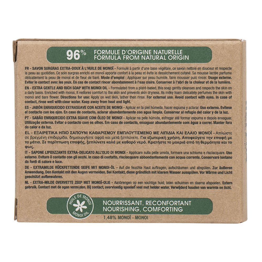 Dos de l'emballage en carton avec texte multilingue. Contient des informations sur les ingrédients et l'utilisation.