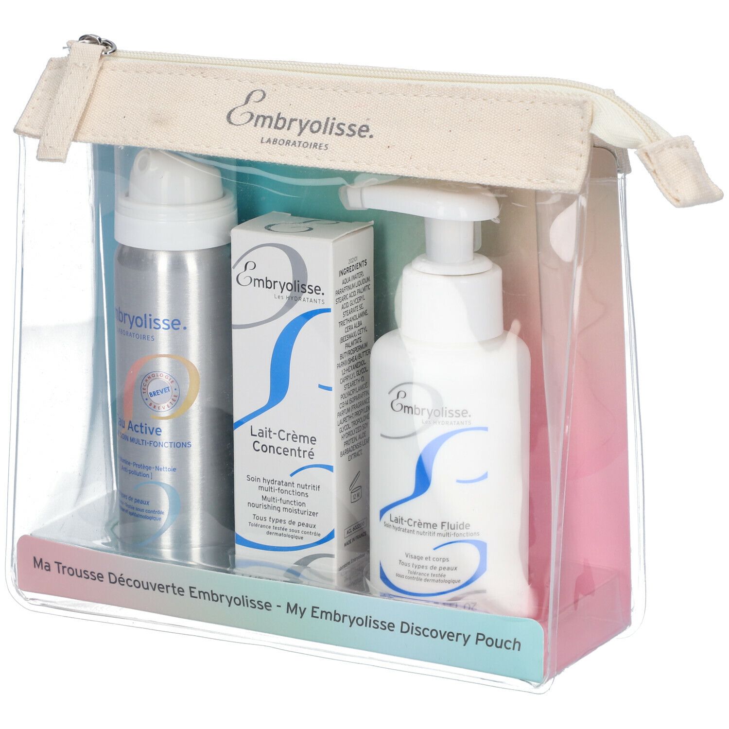 Trousse transparente avec trois produits Embryolisse : spray, tube de crème et lotion. Inscriptions : Embryolisse, Lait-Crème, Eau Active.