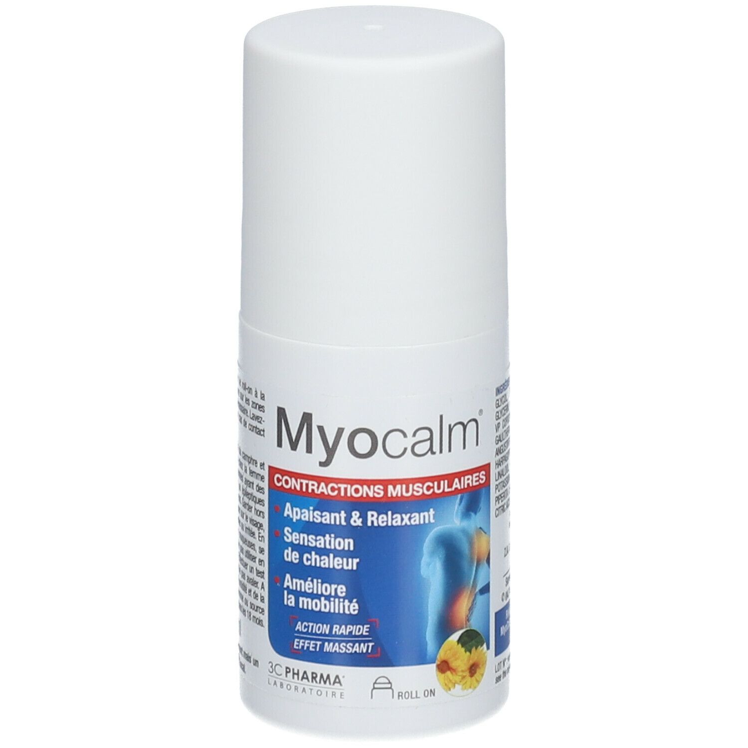 Roll-on blanc avec étiquette bleue et rouge. Inscription: Myocalm, Contractions musculaires. 3C Pharma.