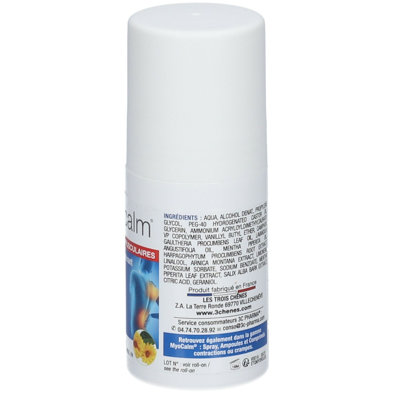 Roll-on blanc avec texte. Inscription: Ingrédients, Fabriqué en France. 3C Pharma.