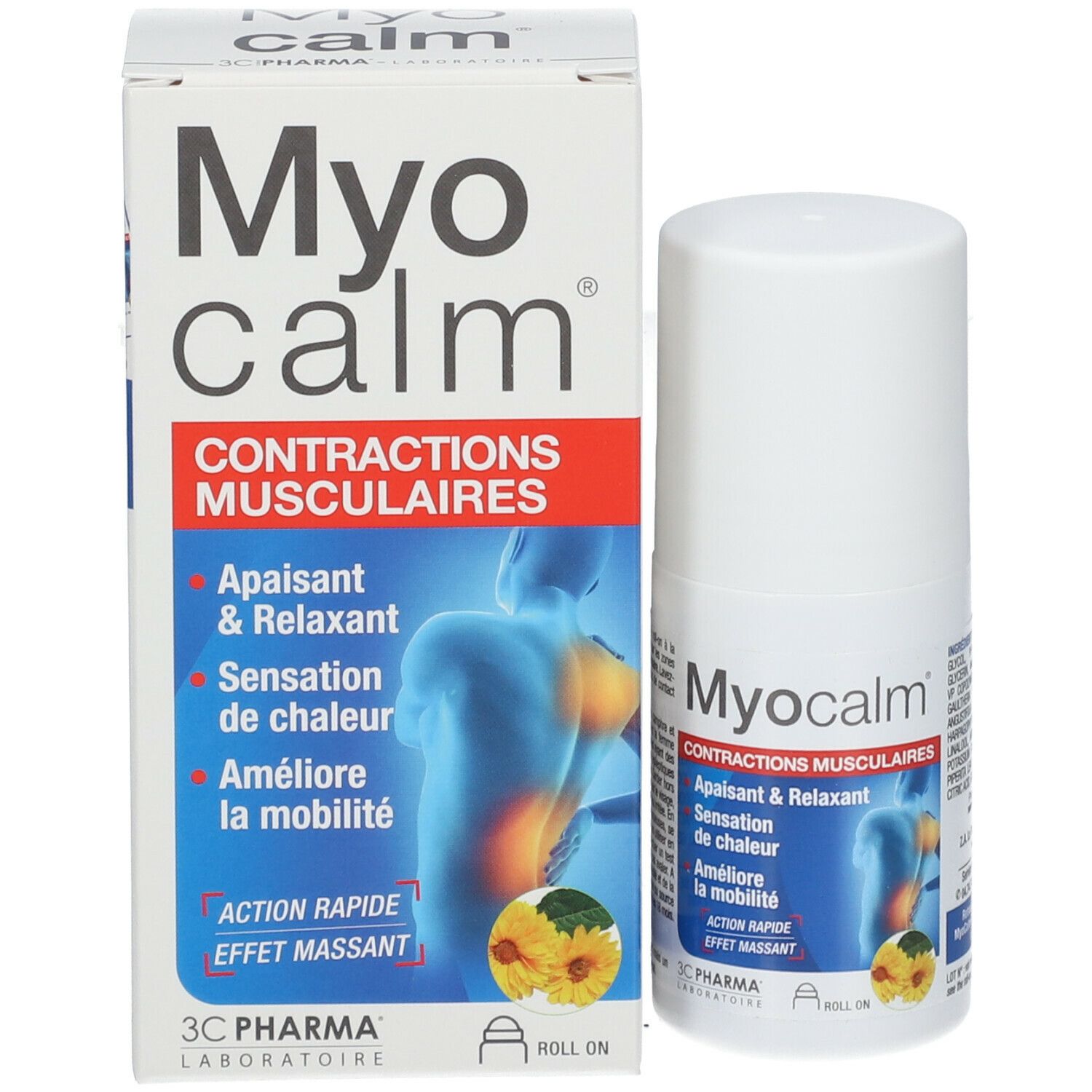 Emballage produit et roll-on. Inscription: Myocalm, Contractions musculaires. 3C Pharma.