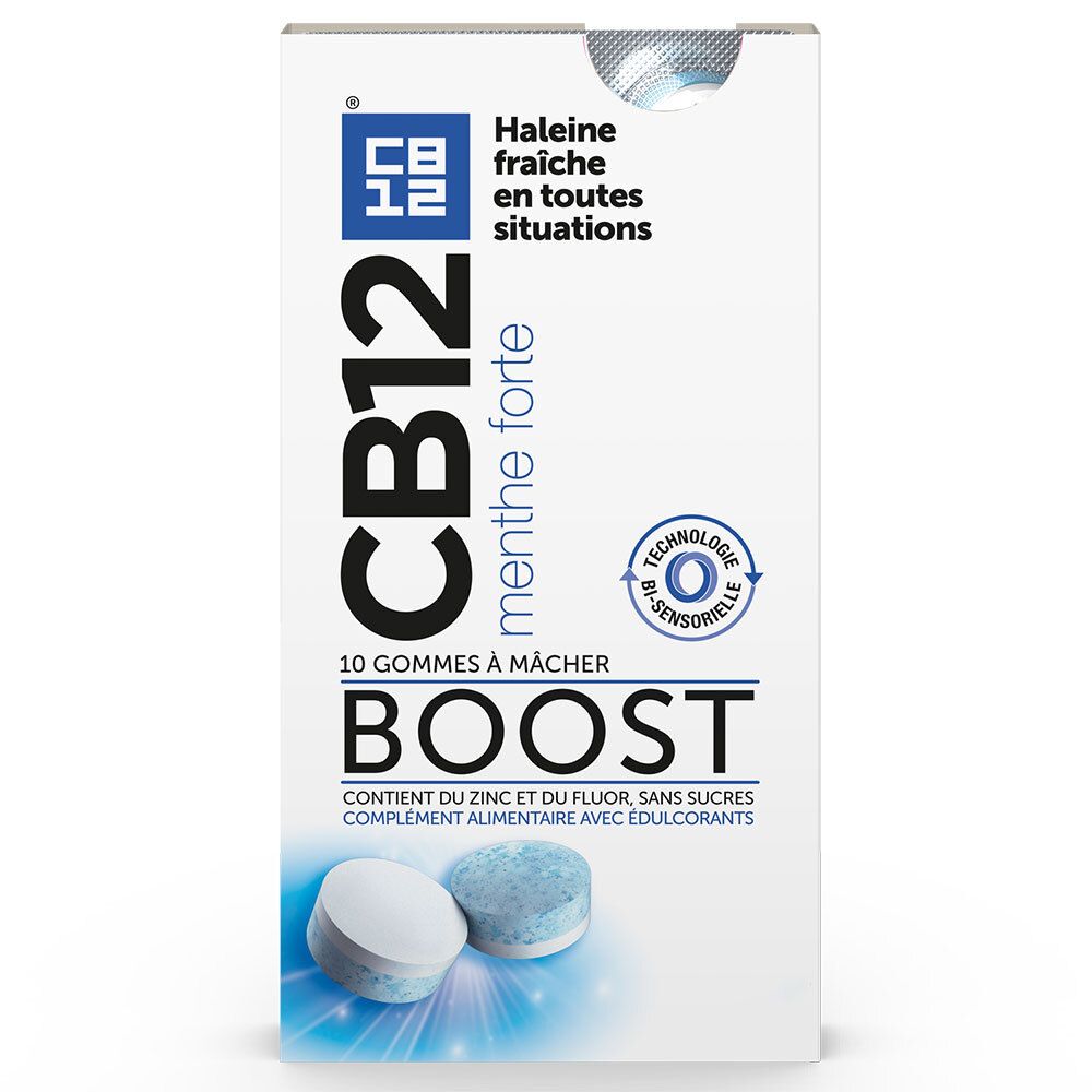 CB12 Boost Gomme à mâcher Menthe forte - Fraîcheur agréable instantanée à tout moments - Contient du zinc qui prévient la mauvaise haleine - Sans sucres - Avecédulcorants - Arôme de menthe fraîche - 10 gommes