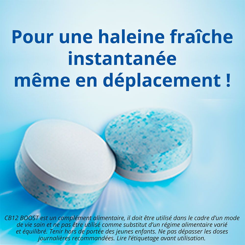 Deux gommes sur fond bleu. Texte : Pour une haleine fraîche instantanée même en déplacement !