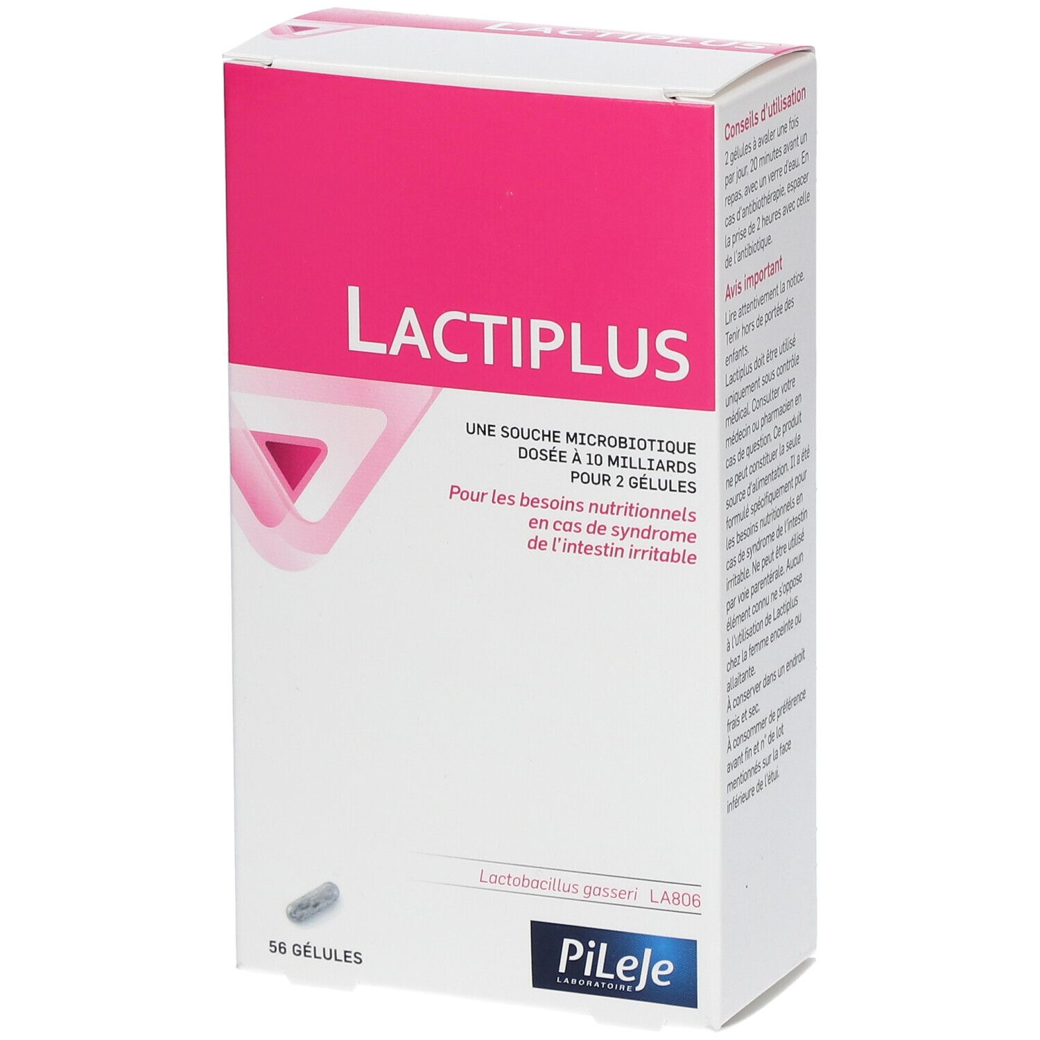 Boîte de LACTIPLUS. Design rose et blanc. Nom du produit et informations. Contient 56 gélules.