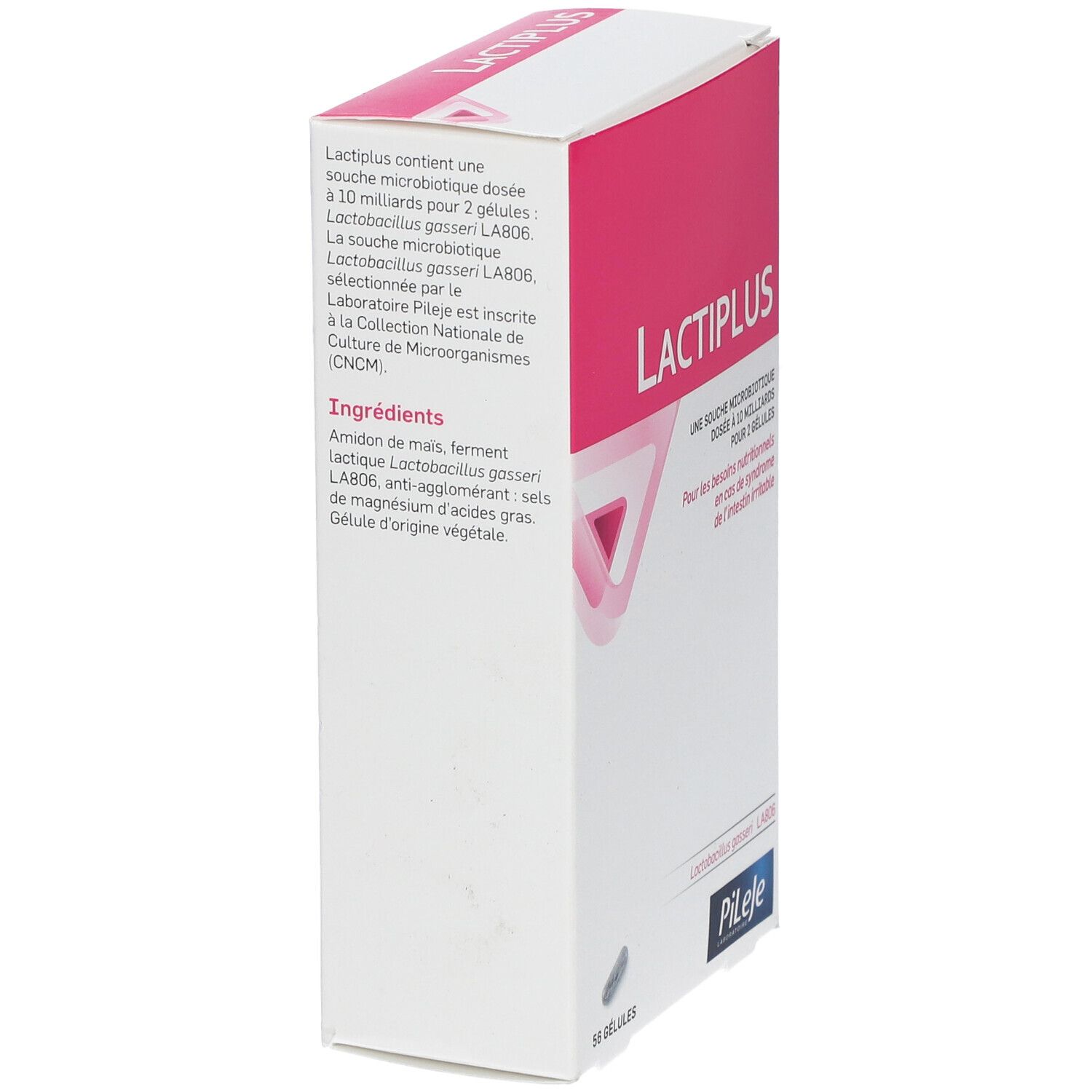 Emballage LACTIPLUS. Design rose et blanc. Nom du produit et ingrédients. Logo Pileje.