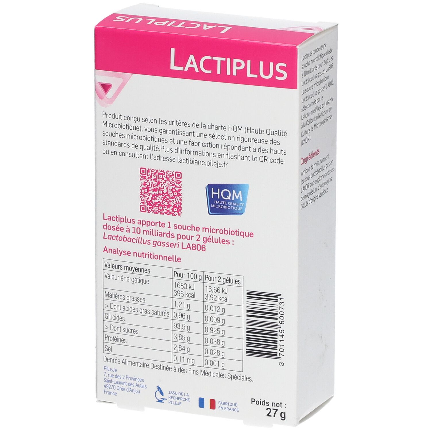 Emballage LACTIPLUS. Rose et blanc. Informations nutritionnelles et label qualité. Code QR et poids 27g.