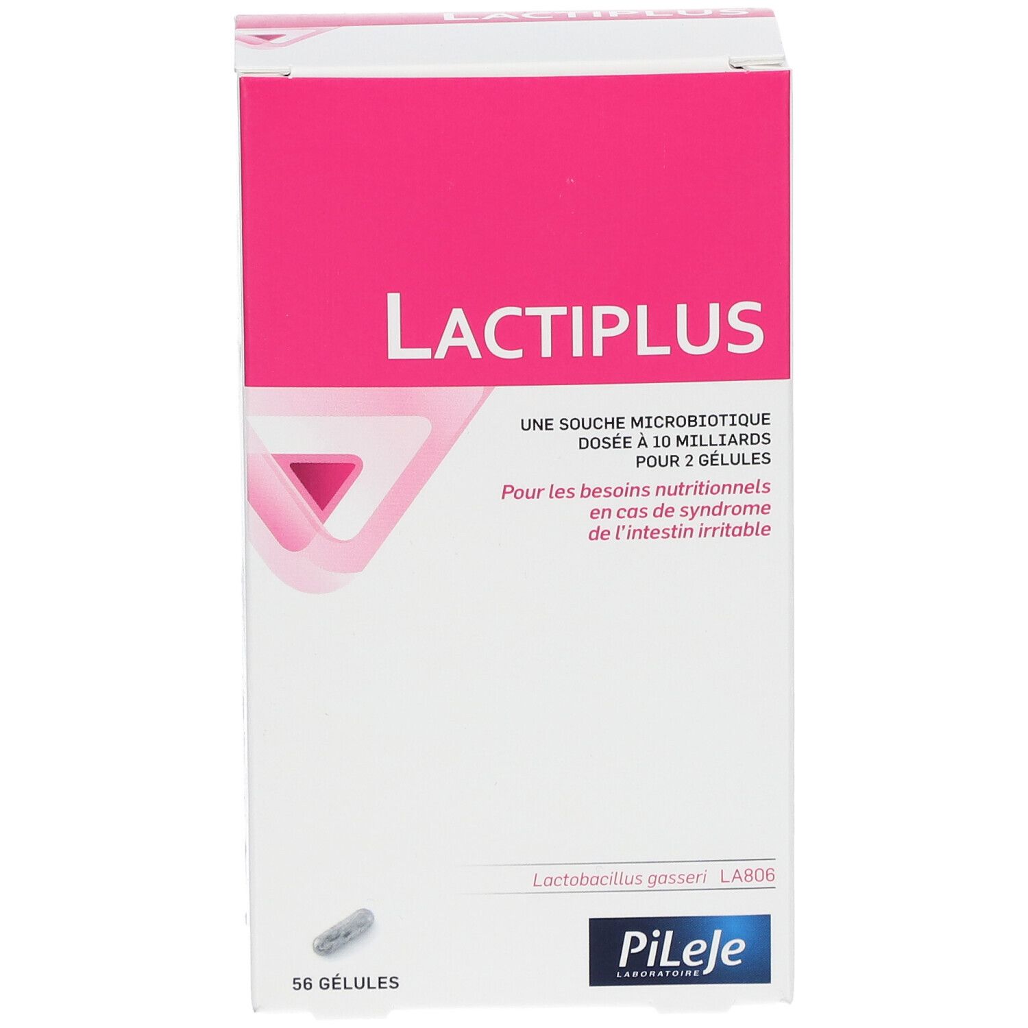 Emballage LACTIPLUS. Rose et blanc. Nom du produit et informations. 56 gélules. Logo Pileje.