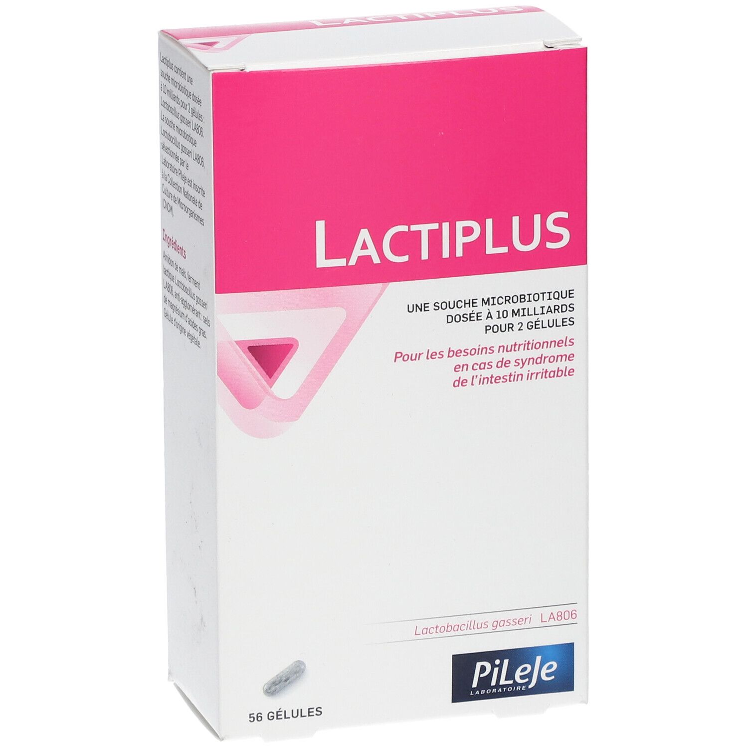 Emballage LACTIPLUS. Rose et blanc. Nom du produit et informations. 56 gélules. Logo Pileje.