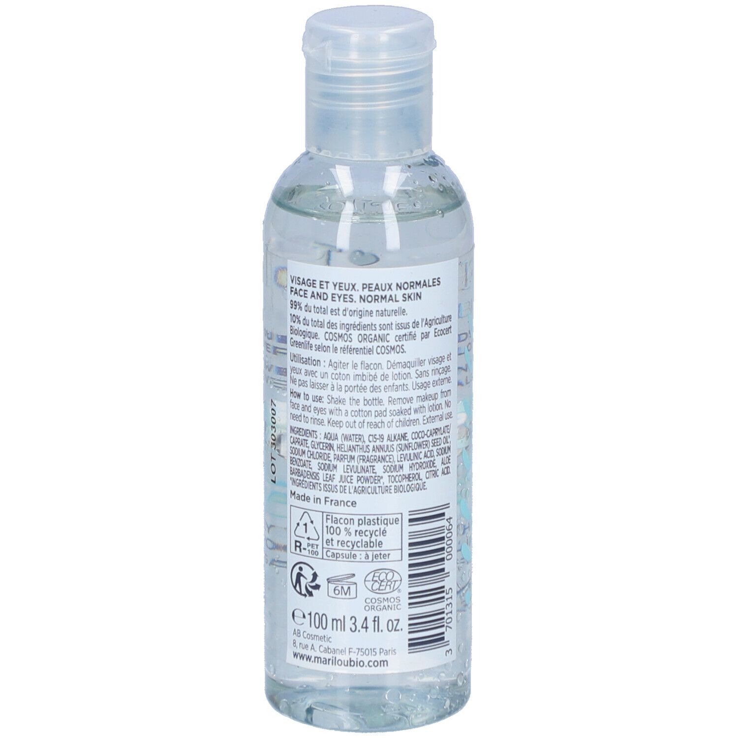 Flacon transparent avec étiquette Marilou Bio. Verso avec informations, ingrédients et certifications.