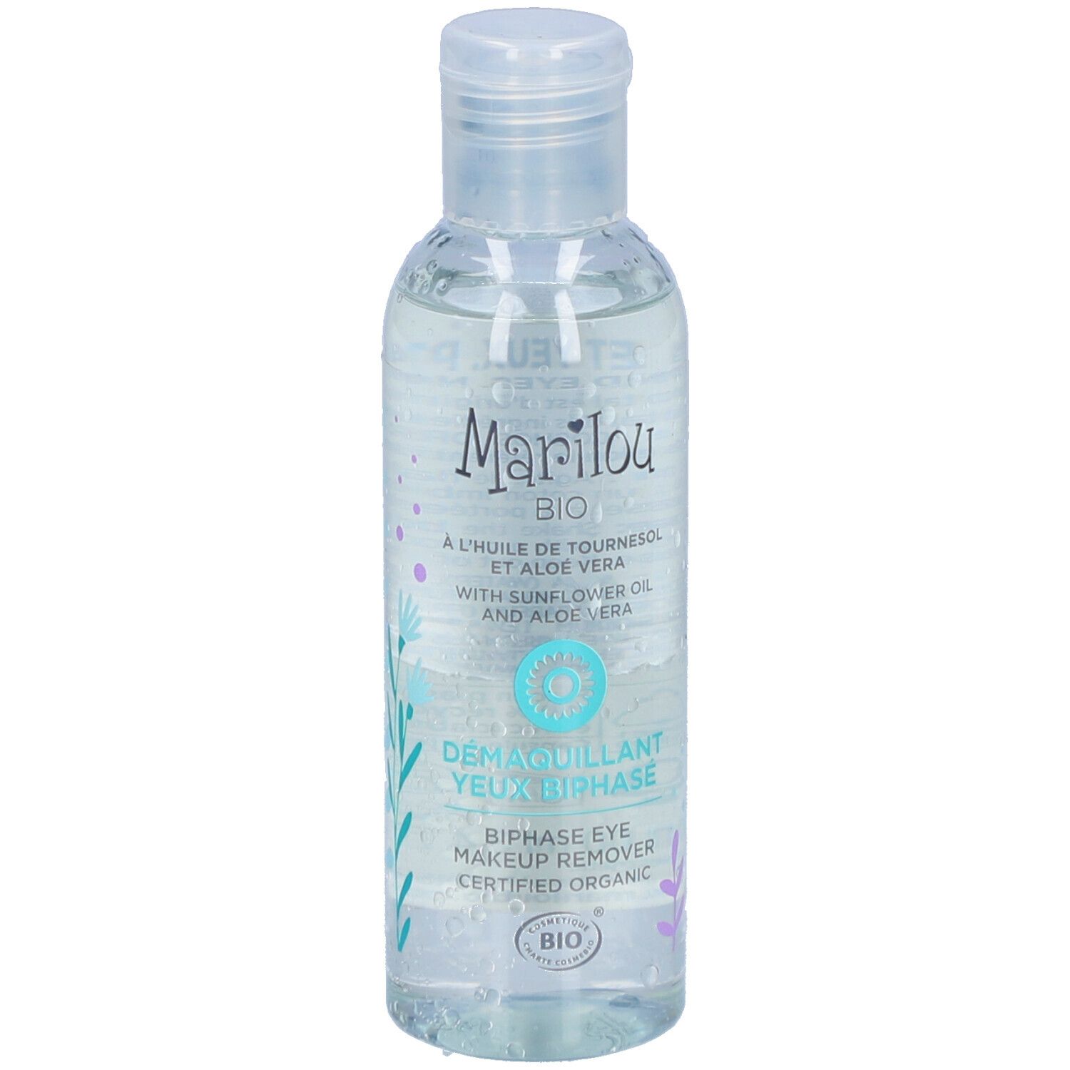 Flacon transparent avec étiquette Marilou Bio. Inscription: Démaquillant yeux biphasé. Certification bio.