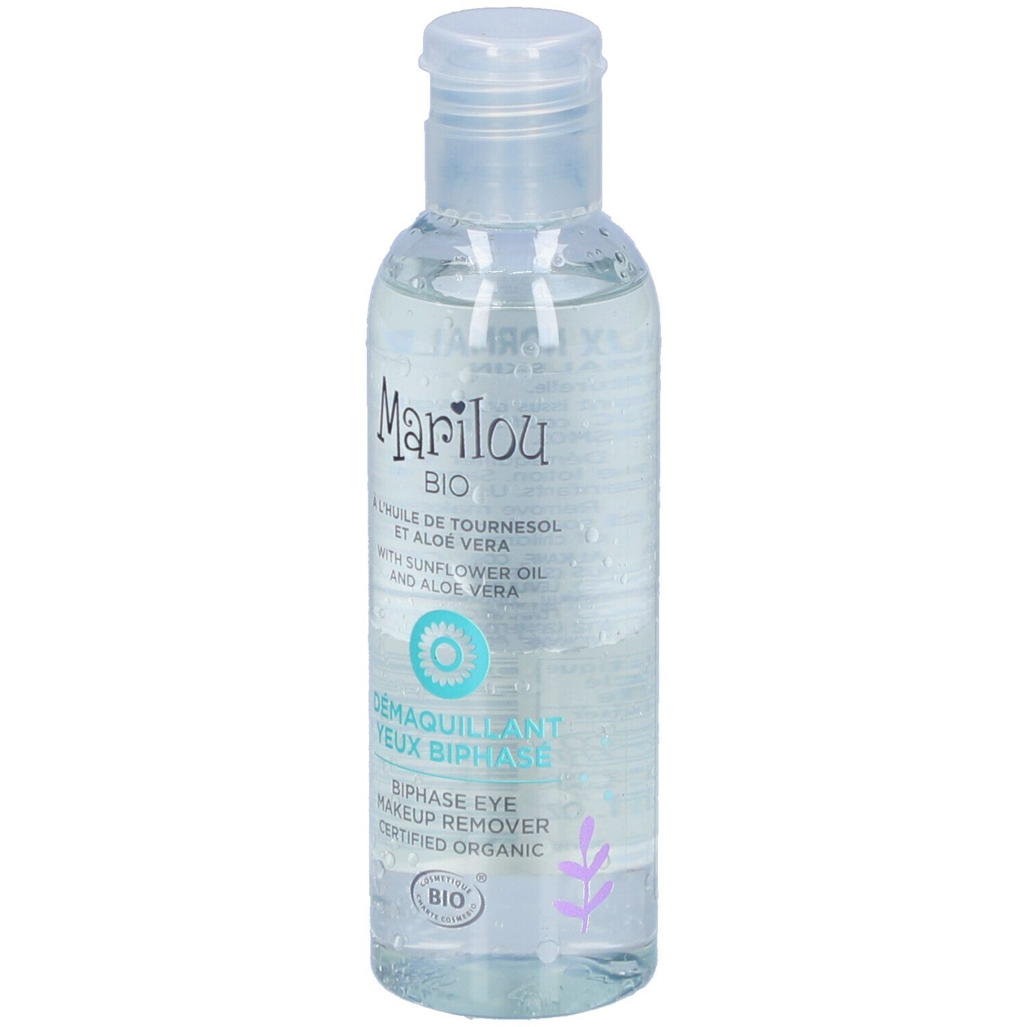 Flacon transparent avec étiquette Marilou Bio. Inscription: Démaquillant yeux biphasé. Certification bio.