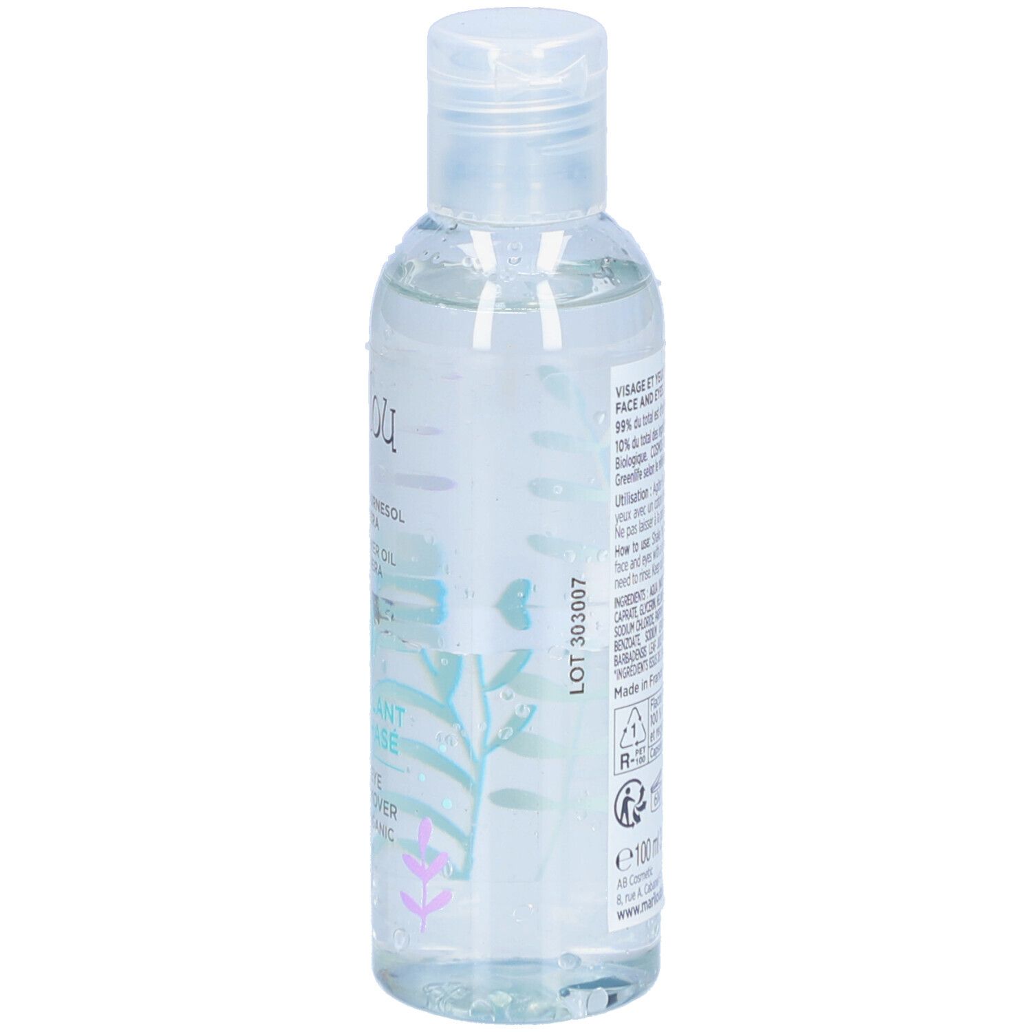 Flacon transparent avec étiquette Marilou Bio. Verso avec informations produit et certifications.