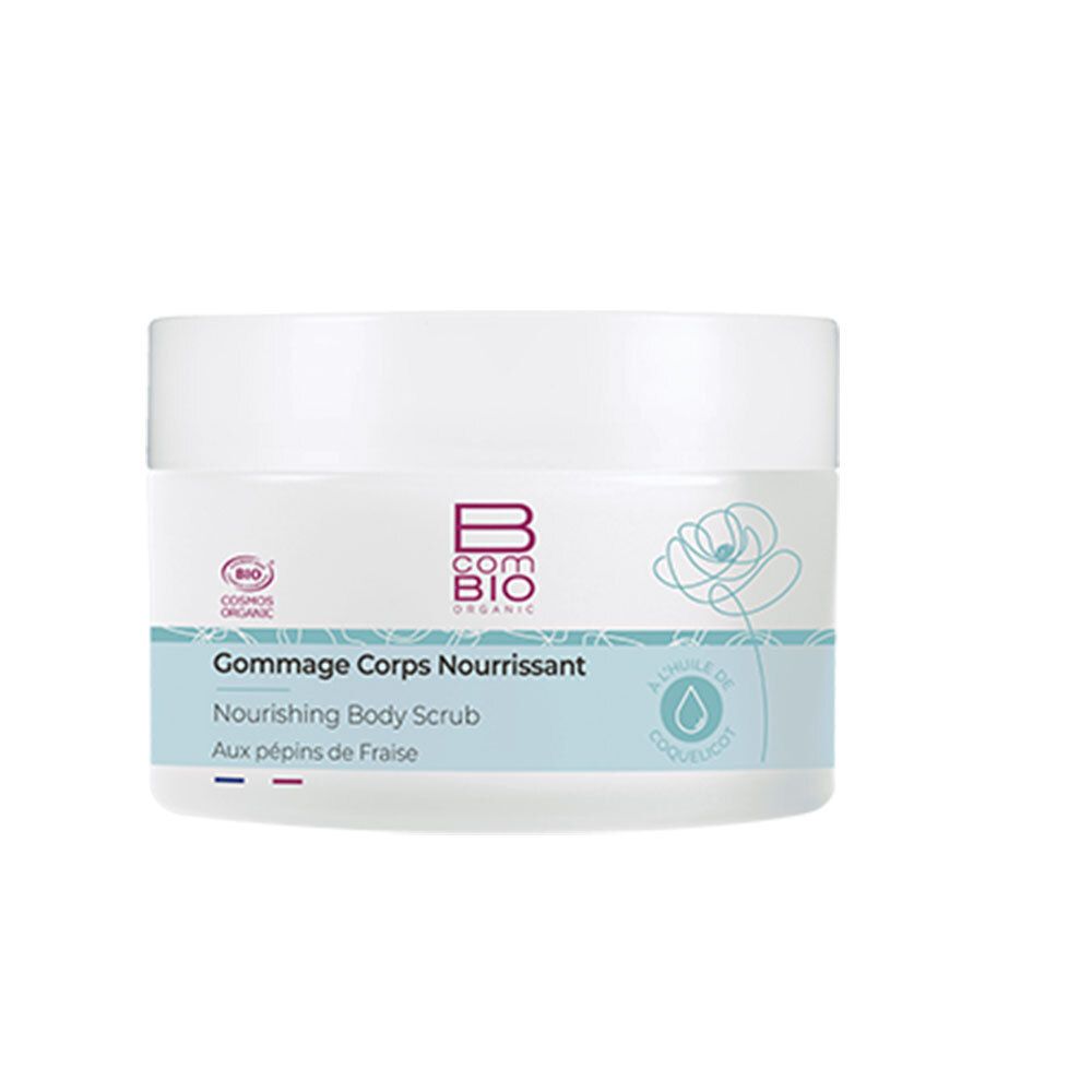 Pot blanc avec couvercle. Inscription: B COM BIO, Gommage Corps Nourrissant, Nourishing Body Scrub. Avec label bio.