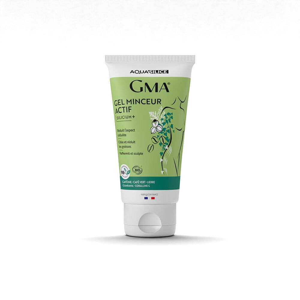 Tube Aquasilice Gel Minceur Actif Bio avec bouchon blanc et accents verts.