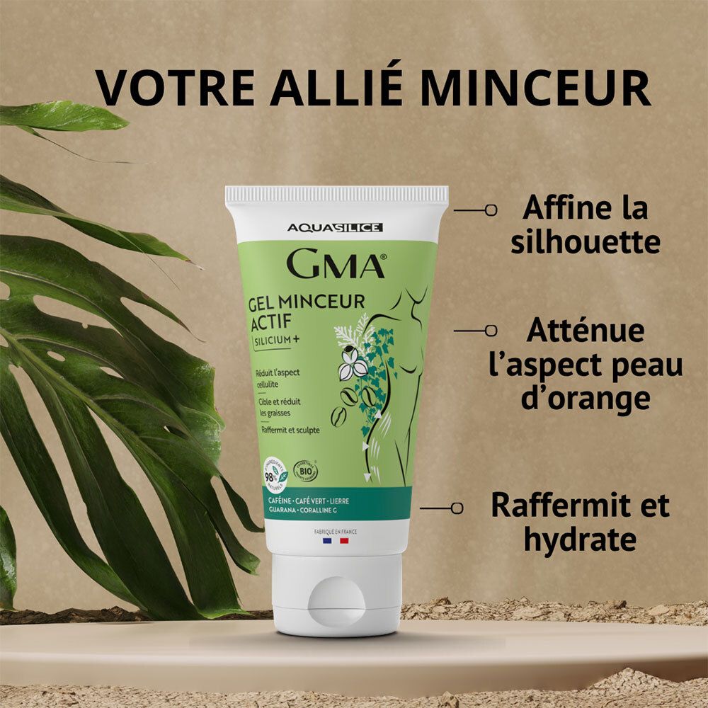 Tube Aquasilice Gel Minceur Actif Bio entouré de plantes, avec indications des effets.