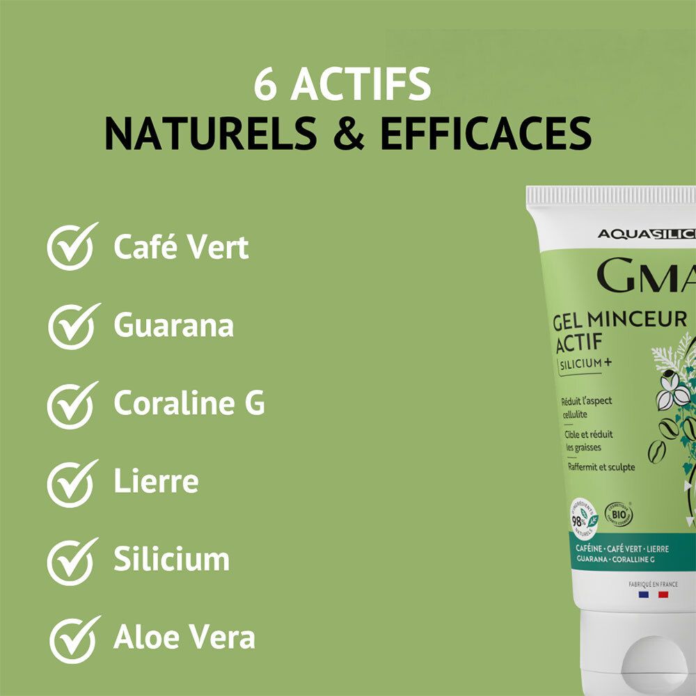 Tube Aquasilice Gel Minceur Actif Bio à côté d'une liste de 6 actifs naturels.