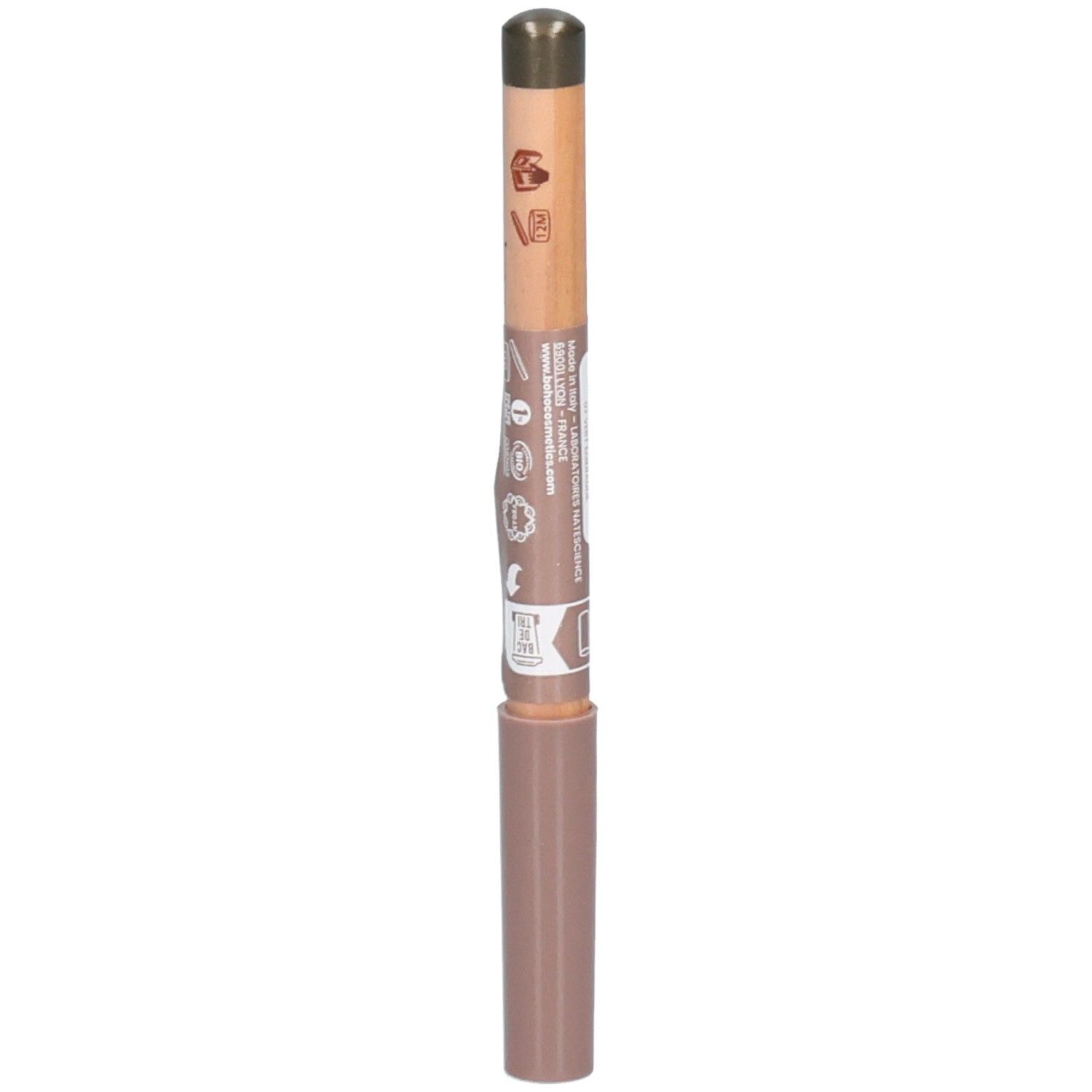 Crayon avec mine marron et corps en bois. Le corps est imprimé d'informations. Le crayon a un capuchon marron.