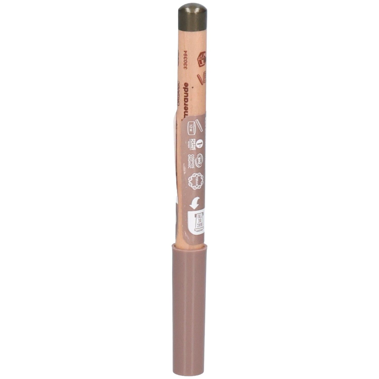 Crayon avec mine marron et corps en bois. Le corps est imprimé d'informations. Le crayon a un capuchon marron. Merauede.