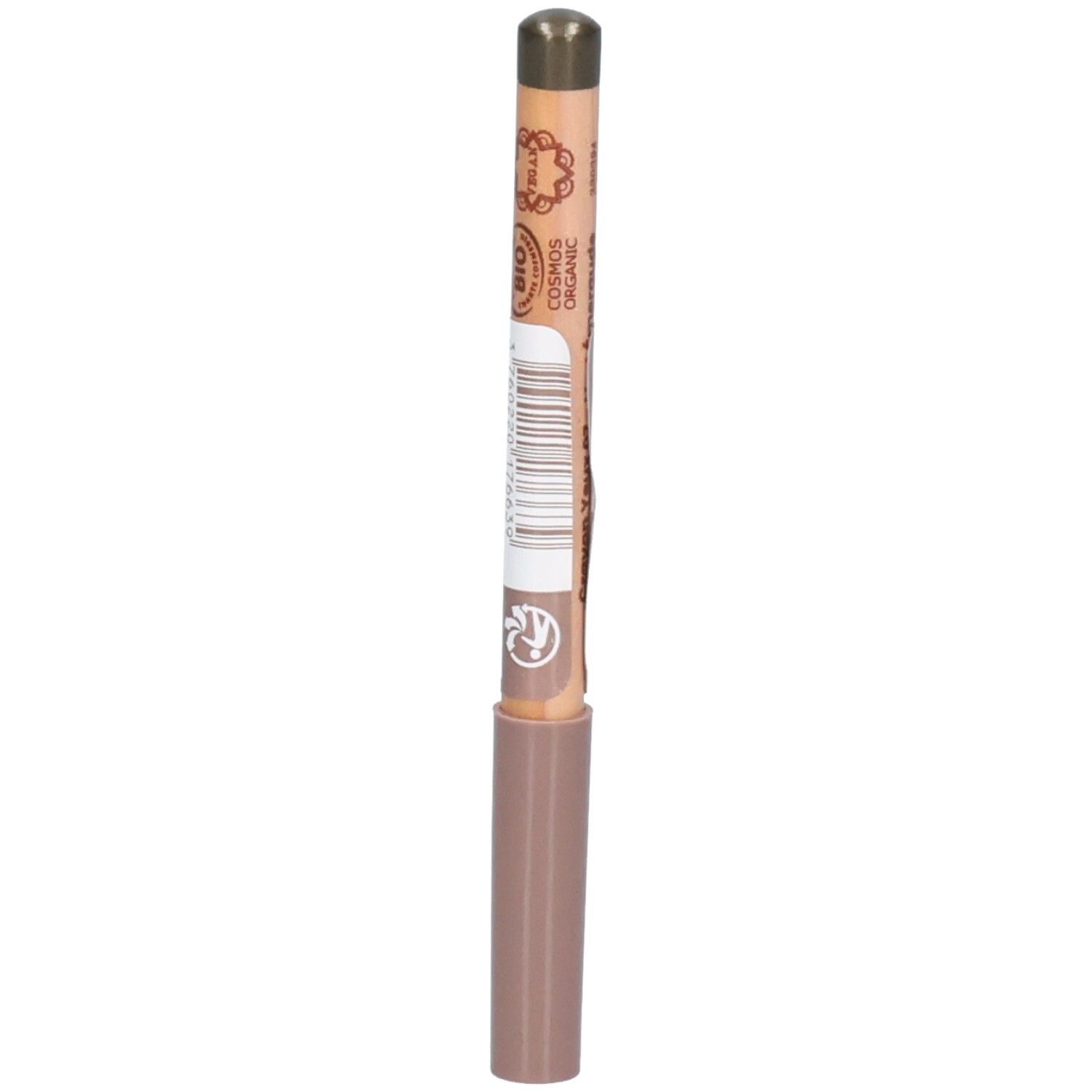 Crayon avec mine marron et corps en bois. Le corps est imprimé d'informations. Le crayon a un capuchon marron. Bio Cosmos Organic.