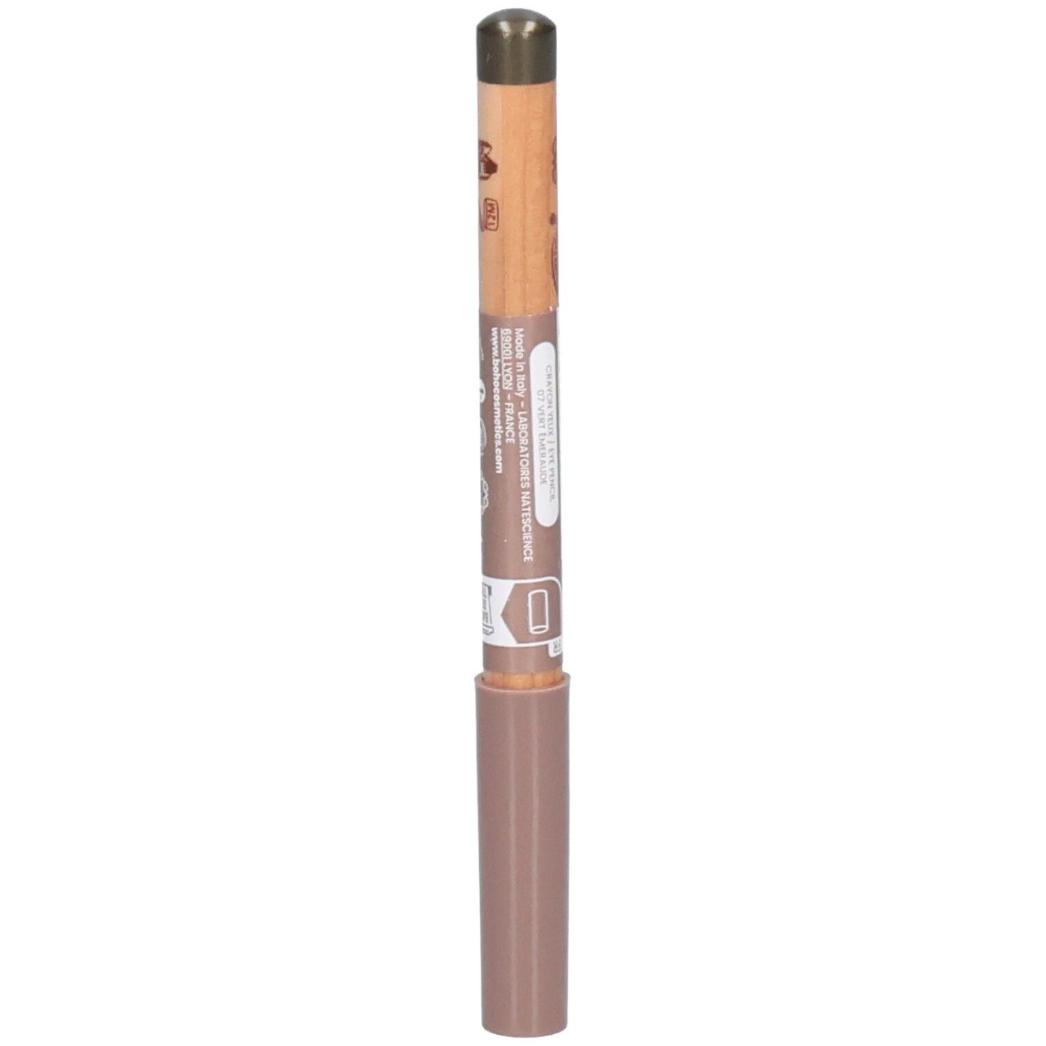 Crayon avec mine marron et corps en bois. Le corps est imprimé d'informations. Le crayon a un capuchon marron.