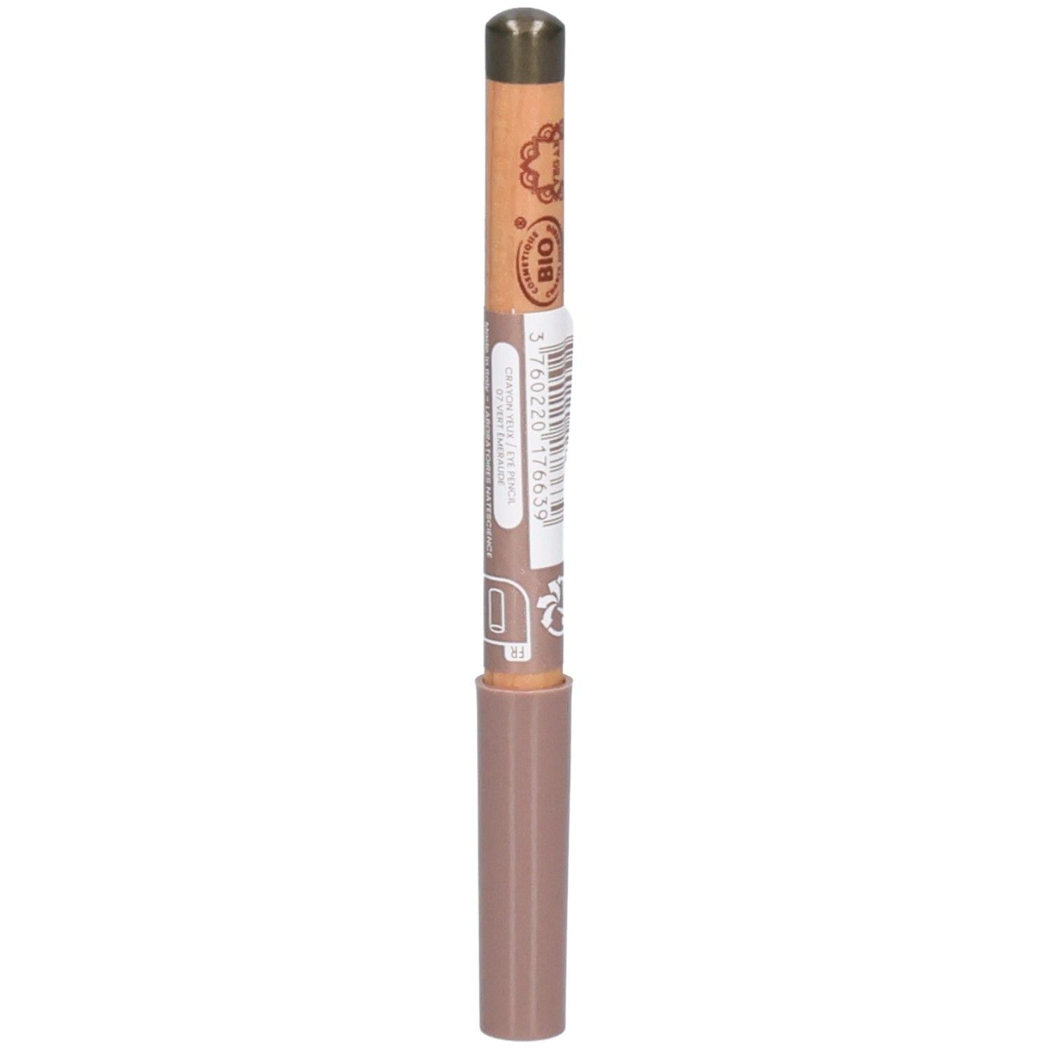 Crayon avec mine marron et corps en bois. Le corps est imprimé d'informations. Le crayon a un capuchon marron. Bio.