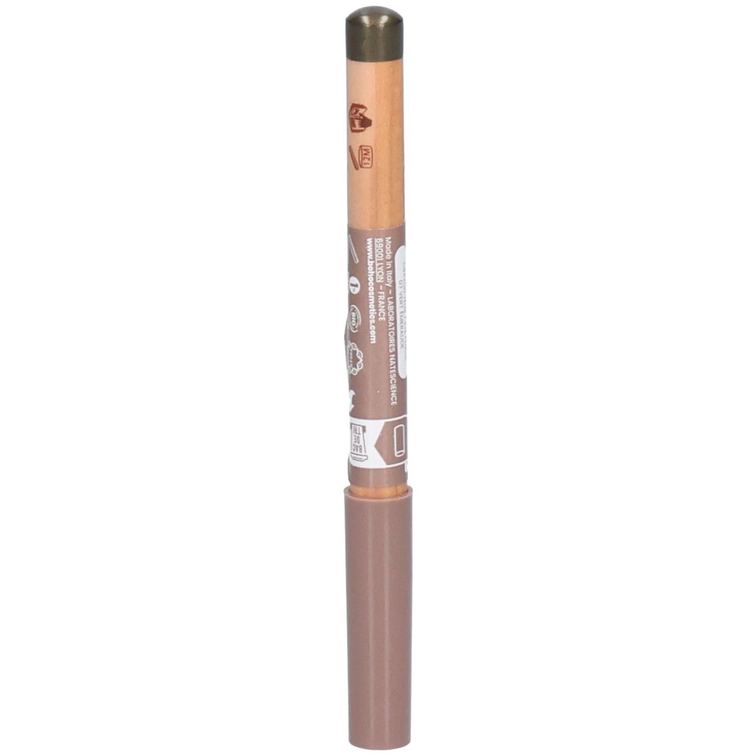 Crayon avec mine marron et corps en bois. Le corps est imprimé d'informations. Le crayon a un capuchon marron.