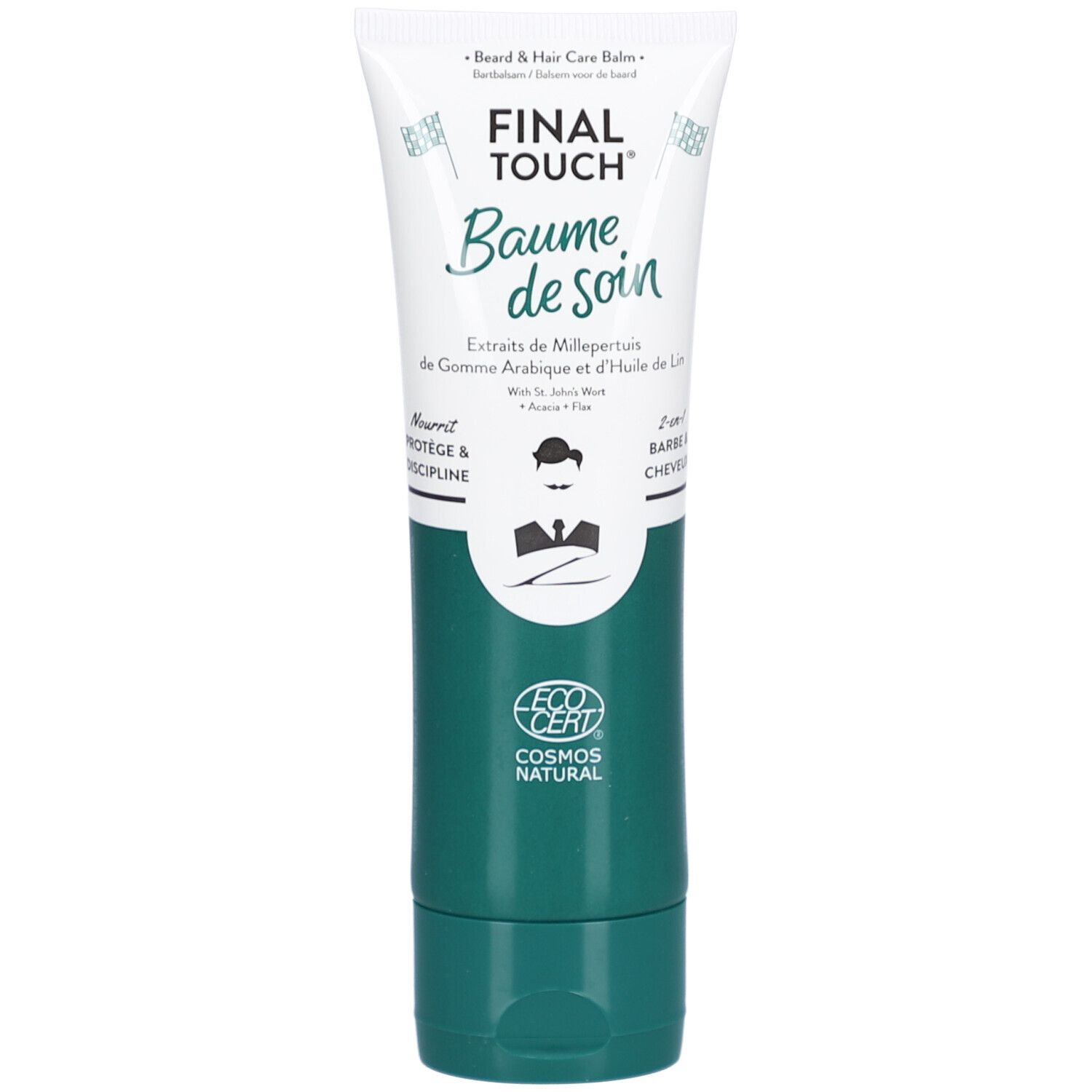 Tube blanc et vert avec "Baume de soin". Logo "Final Touch" et certification "Cosmos Natural".