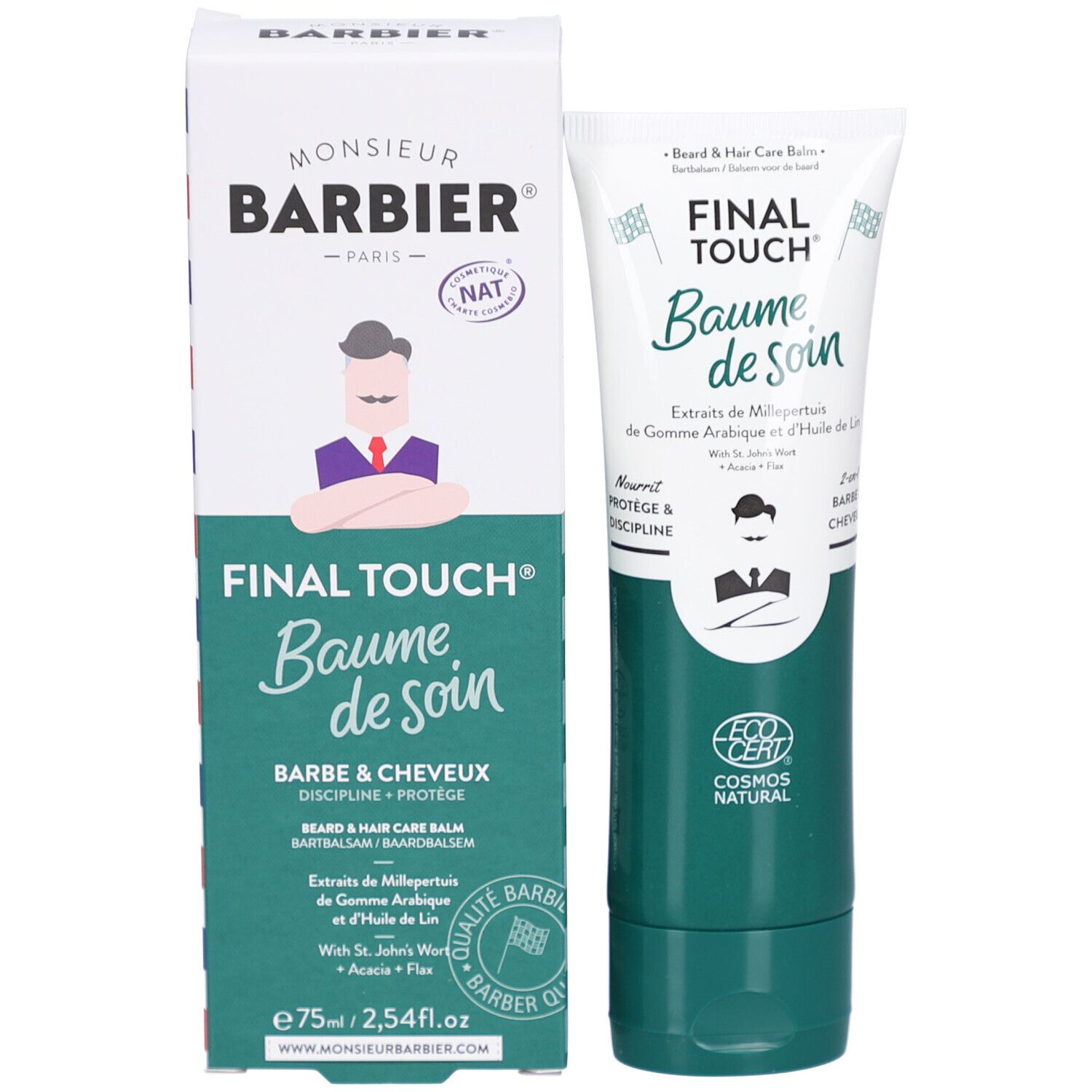 Produit et emballage. Tube et boîte avec "Baume de soin". Logo "Monsieur Barbier".