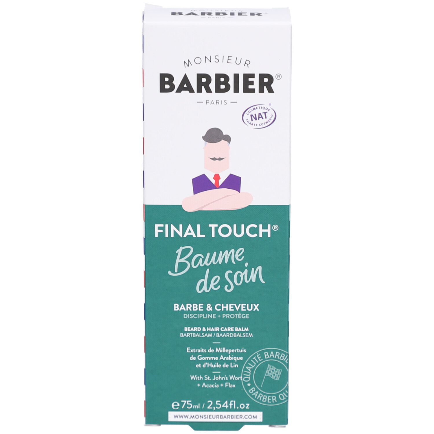 Emballage carton. Nom du produit "Baume de soin". Logo "Monsieur Barbier". Texte: "Barbe & Cheveux".