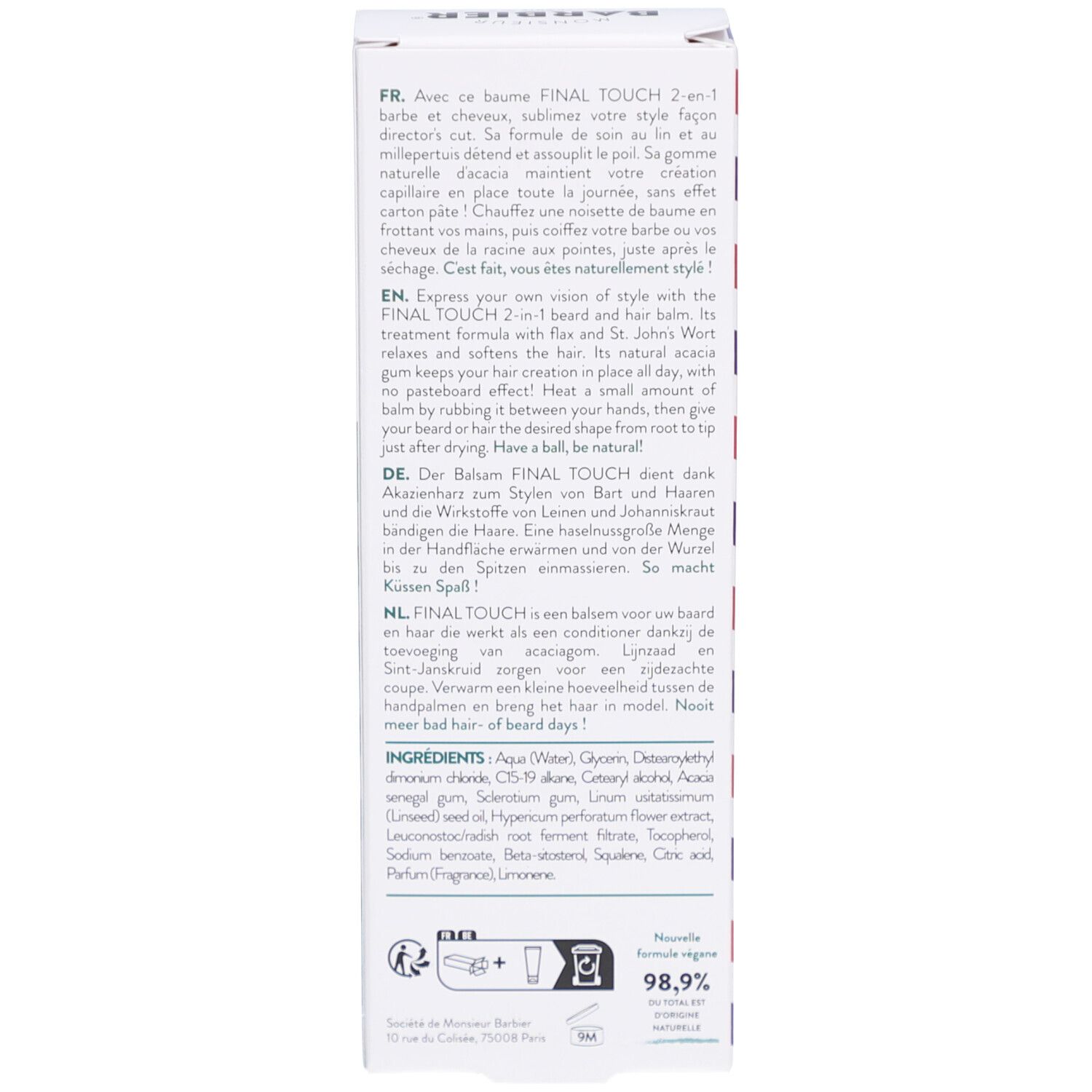 Dos de l'emballage carton. Texte multilingue. Informations sur les ingrédients et l'utilisation.