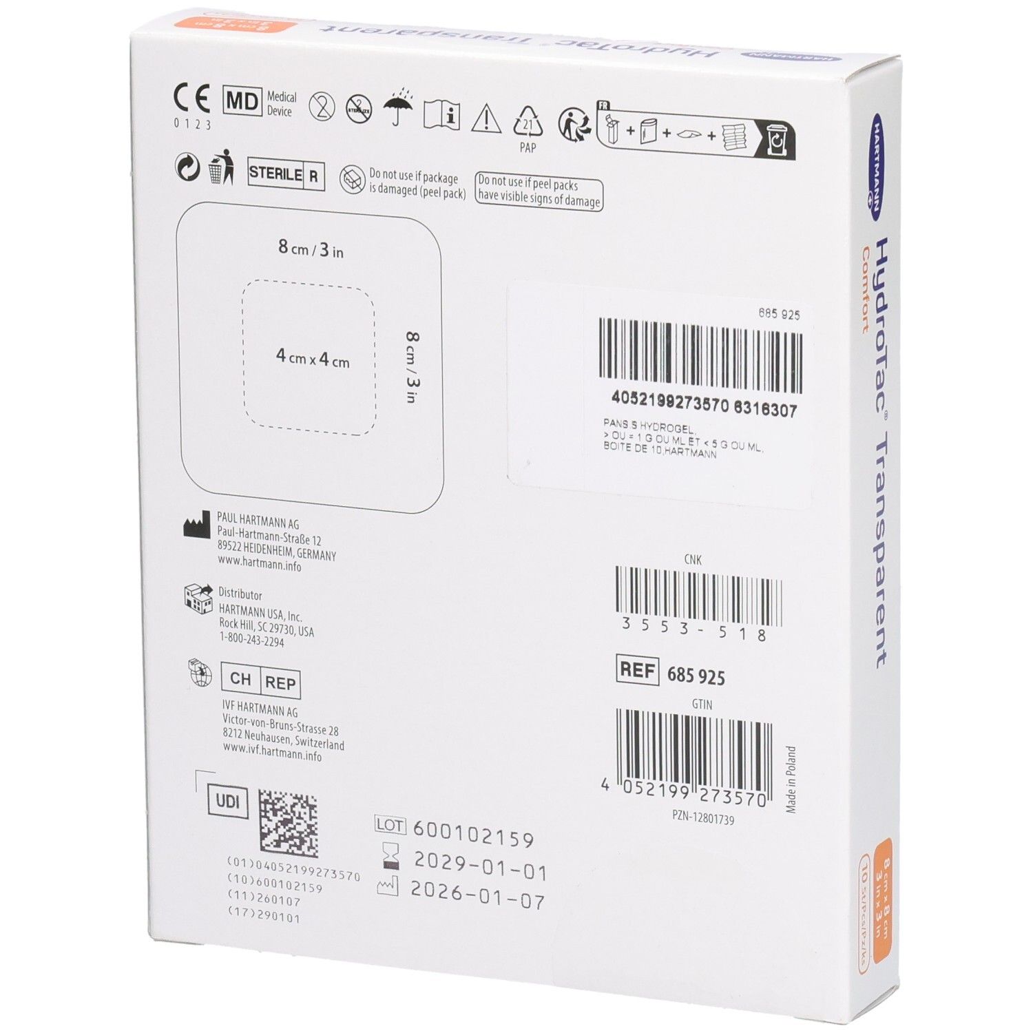 Dos de la boîte HydroTac® Transparent Comfort Hartmann. Dimensions, numéro de lot et certifications visibles.